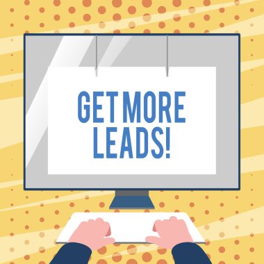 Kavramsal el yazma daha fazla müşteri adayı alın gösterir. İş fotoğraf metin başlatma tüketici faiz veya soruşturma ürünleri veya hizmetleri ekran koruyucusu ile klavye ön beyaz monitör Hands.