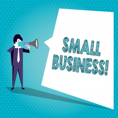 Small Business gösteren metin işareti. Kavramsal fotoğraf bağımsız sahip olunan ve çalışan şirket boyutu Iş Işadamı çığlık megafon ve boş beyaz düzensiz şekil konuşma kabarcık sınırlı.
