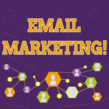 E-posta pazarlama gösteren metin işareti. Ticari mesaj gönderme kavramsal fotoğraf eylem genellikle grup gösteren online sohbet Head simgeler avatar ve bağlantı hatları için ağ fikri.