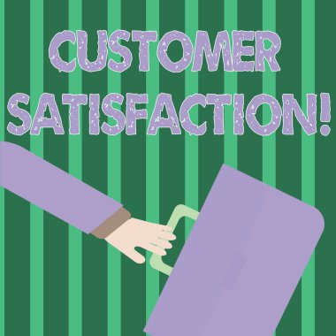 El yazısı metin müşteri memnuniyeti. Konsept anlamı bir firmasından müşterilerin yerine getirilmesi ölçü acele Işadamı kol uzağa geri ve el Holding renk evrak çantası.