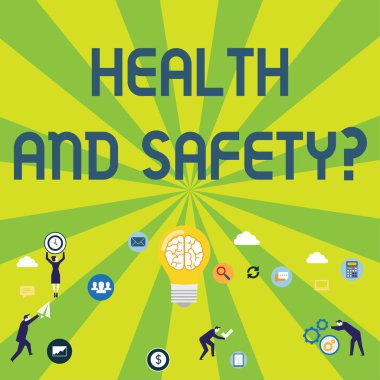 Writing note showing Health And Safety Question. Business photo showcasing regulations and procedures to prevent accident or injury Business Digital Marketing Symbol, Element and Concept Icons.
