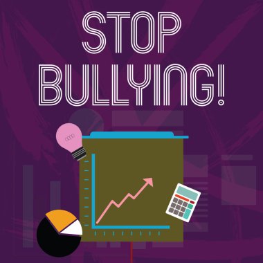 Word yazma metin zorbalık durdur. Çocuklar Güç dengesizliği arasında hiçbir agresif davranış için iş kavramı pasta ve çizgi grafik yatırım simgeleri ok gidiş, ampul, hesap makinesi.