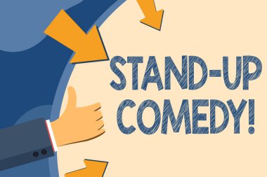 Stand up komedi gösteren metin işareti. Hangi komedyen ön canlı kitle el Gesturing thumbs yapar ve boş uzay yuvarlak şekil oklar ile Holding kavramsal fotoğraf komik tarzı.