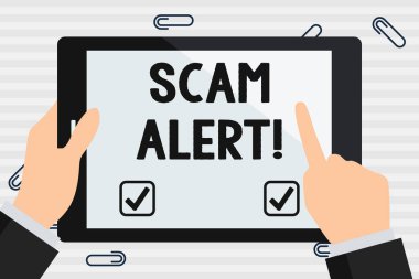 El yazısı metni aldatmaca uyarısı. Kavramı sahtekarlıkla kurbanı para almak el Holding dokunma boş dikdörtgen renk tablet beyaz ekran Işaret ikna tarafından anlam.