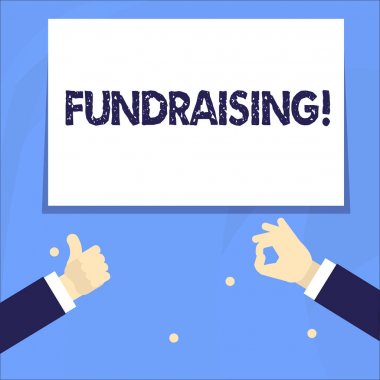 Kavramsal el yazma Fundraising gösteren. İş fotoğrafı yardım için mali destek oluşturmak isteyen vitrine veya neden Iki Işadamları elleri ve Tamam Işareti baş başparmak Gesturing.