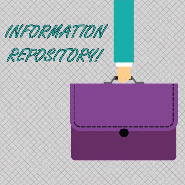 Bilgi deposunu gösteren kavramsal el yazısı. İş fotoğraf vitrinde verilerin depolandığı ve bulunabilir bir yer Işadamı renkli evrak çantası portföy aplike taşıma.