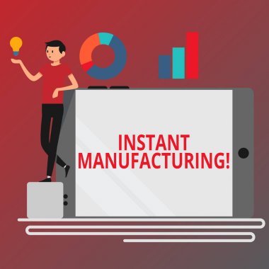Conceptual hand writing showing Instant Manufacturing. Business photo text Machines that make products directly from digital file Man Leaning on Smartphone Turned on Side Graph and Idea Icon. clipart