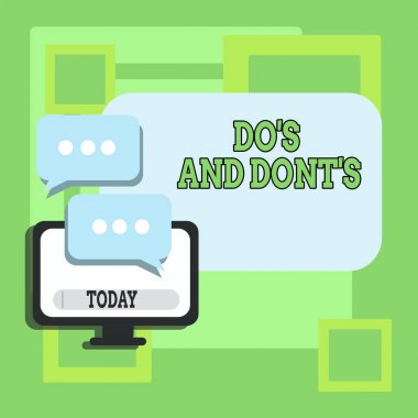 El yazısı metin yazma do S ve dont S IS. konsept anlamı kurallar veya gümrük bazı aktivite ile ilgili öneriler boş bilgisayar monitörü ve Iki konuşma balonu üç nokta sohbet simgesi.