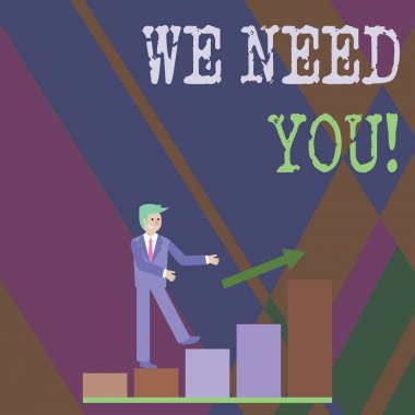 Size Ihtiyacımız olduğunu gösteren Not yazma. Bazı iş veya hedef birlikte çalışmak için birisi soran iş fotoğrafı vitrin gülümseyen Işadamı tırmanma Bar grafik bir ok takip.