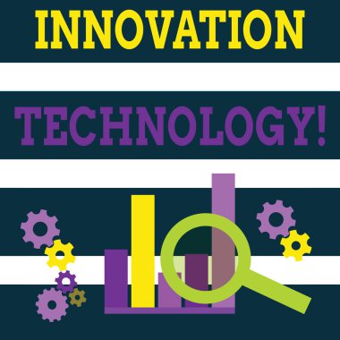 Yenilik teknolojisini gösteren Not yazma. İş fotoğraf vitrine büyük teknolojik değişiklikler ürün ve süreçleri büyüteç cam üzerinde grafik üzerinde COG tekerlek dişli analiz için.