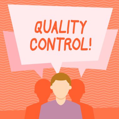 Kalite kontrolü gösteren metin işareti. Konsept Fotoğraf sistemi standartsız adam Iki gölgeler her biri kendi konuşma kabarcık çakışan vardır Analysis-tured ürünler standartları korumak.