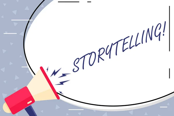 Tekstteken dat storytelling toont. Conceptuele foto activiteit het schrijven van verhalen voor het publiceren van hen aan openbare lege witte reusachtige ovale vorm sticker en megafoon het schreeuwen met volume pictogram. — Stockfoto