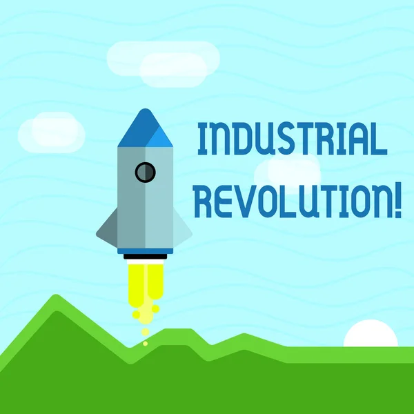 Tekst bord toont industriële revolutie. Conceptuele foto tijd waarin het werk meer gedaan door machines kleurrijke ruimtevaartuig shuttle Rocketage lanceren voor nieuwe Business Startup. — Stockfoto