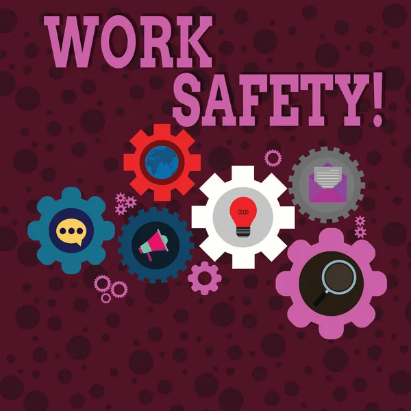 Writing note showing Work Safety. Business photo showcasing policies and procedures in place to ensure health of employees Set of Global Online Social Networking Icons Cog Wheel Gear. — Stock Photo, Image