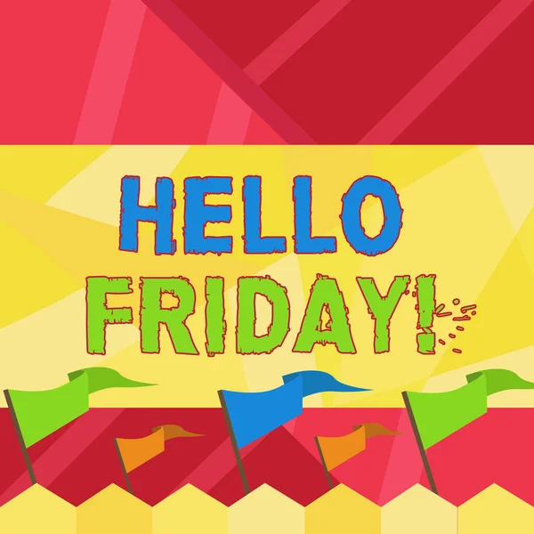 Word writing text Hello Friday. Business concept for you say this for wishing and hoping another good lovely week Blank Solid Colorful Pennant Streamer Flag on Stick Mounted on Picket Fence.