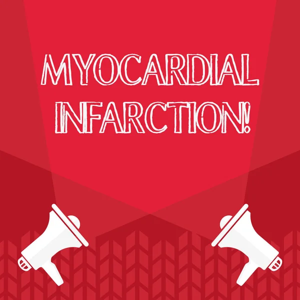 Word writing text Myocardial Infarction. Business concept for due to the sudden deprivation of circulating blood Blank Double Spotlight Crisscrossing Upward from Two Megaphones on the Floor.