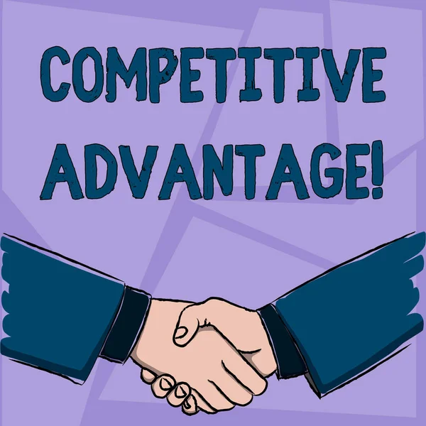 Handwriting text Competitive Advantage. Concept meaning Condition that puts a company in a favorable position Businessmen Shaking Hands Firmly as Gesture Form of Greeting and Agreement.
