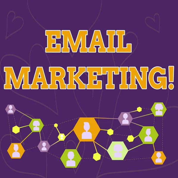 Πινακίδα κειμένου που δείχνει email marketing. Εννοιολογική πράξη φωτογραφίας της αποστολής εμπορικών μηνυμάτων συνήθως ομάδα Εμφάνιση εικονιδίων κεφαλής online συνομιλίας με avatar και συνδέσεις γραμμές για την ιδέα του δικτύου. — Φωτογραφία Αρχείου