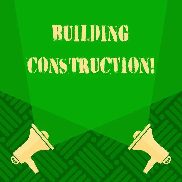 Text sign showing Building Construction. Conceptual photo process of adding structure to real property Blank Double Spotlight Crisscrossing Upward from Two Megaphones on the Floor. — Stock Photo, Image
