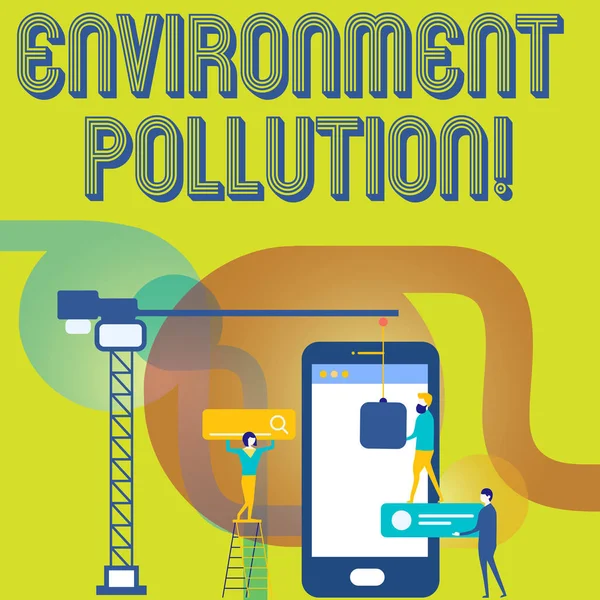 显示环境污染的文本符号。概念图环境中的污染物, 工作人员携手合作, 共同实现目标目标, 并使用 Seo 工艺图标. — 图库照片