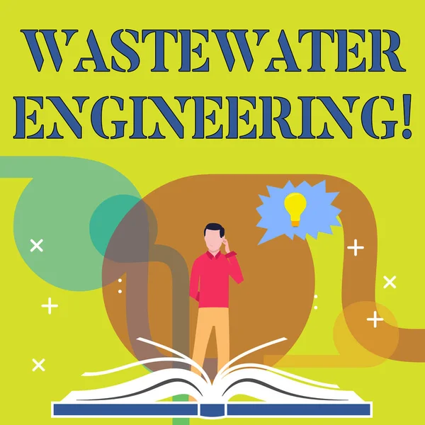 Conceptual hand writing showing Wastewater Engineering. Business photo text engineering methods to improve sanitation in publics Man Standing Behind Open Book Jagged Speech Bubble with Bulb. — Stock Photo, Image