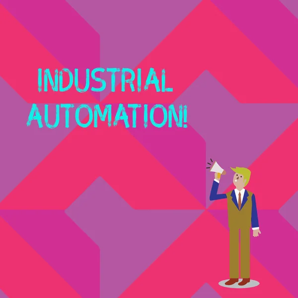 Text sign showing Industrial Automation. Conceptual photo Use of control systems to handle industrial process Businessman Looking Up, Holding and Talking on Megaphone with Volume Icon.