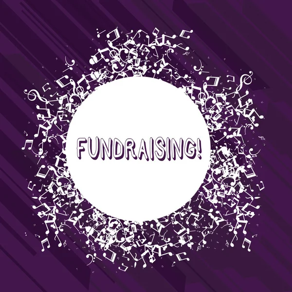 Word Writing Text Fundraising. Geschäftskonzept für die Suche nach finanzieller Unterstützung für wohltätige Zwecke zu generieren oder verursachen verwirrten und durcheinander Notensymbole rund um leere bunte Kreis. — Stockfoto