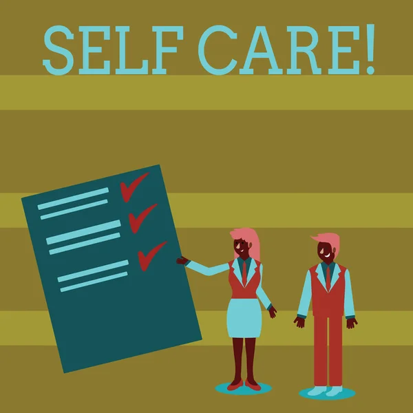 Handwriting text Self Care. Concept meaning practice of taking action to preserve or improve ones own health Man and Woman in Business Suit Presenting Report of Check and Lines on Paper. — Stock Photo, Image