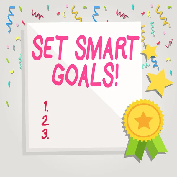 Text sign showing Set Smart Goals. Conceptual photo list to clarify your ideas focus efforts use time wisely White Blank Sheet of Parchment Paper Stationery with Ribbon Seal Stamp Label.