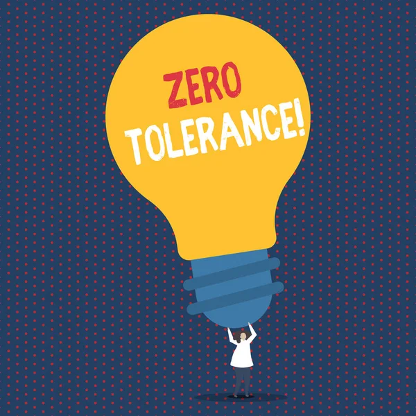 Text sign showing Zero Tolerance. Conceptual photo refusal accept antisocial behaviour typically by strict Person Standing and Raising Up Arms Holding Big Yellow Lightbulb for Ideas.