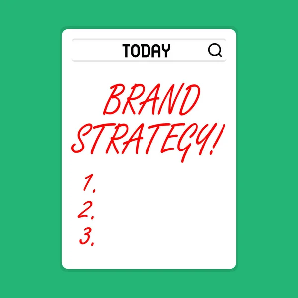 Handwriting text Brand Strategy. Concept meaning long term plan development of successful brand achieve goals Search Bar with Magnifying Glass Icon photo on Blank Vertical White Screen.