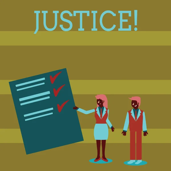 Handwriting text Justice. Concept meaning impartial adjustment of conflicting claims or assignments Man and Woman in Business Suit Presenting Report of Check and Lines on Paper. — Stock Photo, Image