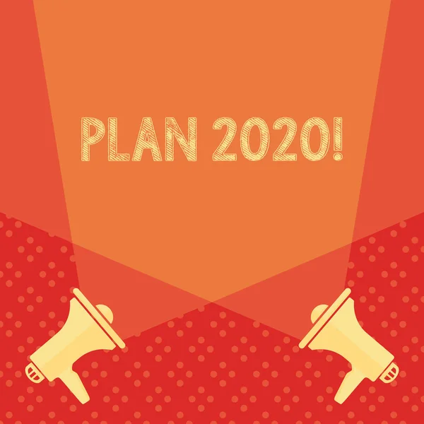 Word het schrijven van tekst plan 2020. Business concept voor gedetailleerde voorstel doen het bereiken van iets volgend jaar lege dubbele Spotlight kriskras opwaarts van twee megafoons op de vloer. — Stockfoto