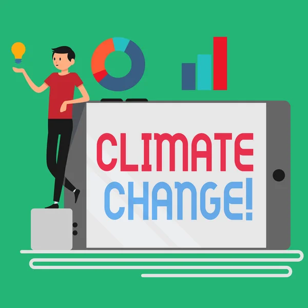 Text sign showing Climate Change. Conceptual photo difference in global or regional climate very quickly Man Leaning on Blank Smartphone Turned on Its Side with Graph and Idea Icon. — Stock Photo, Image