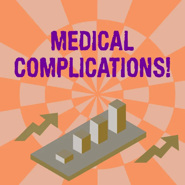 Word writing text Medical Complications. Business concept for unfavorable evolution or consequence of a disease Colorful Clustered 3D Bar Chart Graph Diagram in Perspective with Two Arrows.