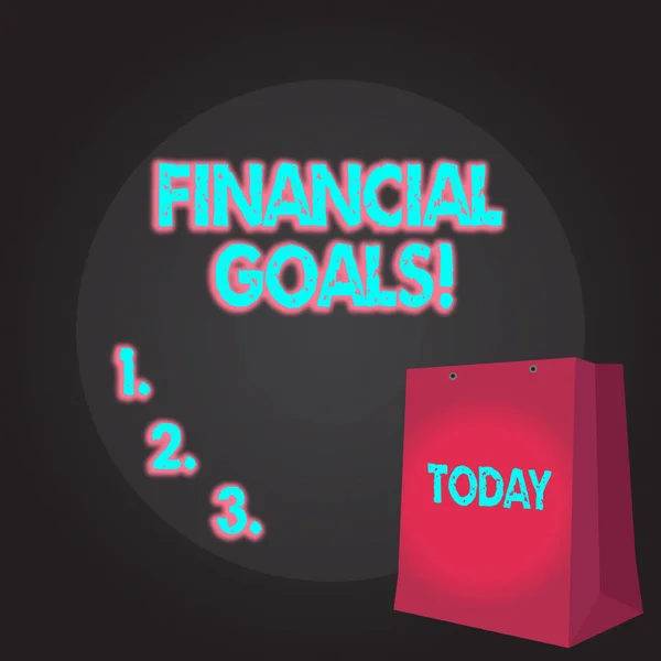 Writing note showing Financial Goals. Business photo showcasing targets usually driven by specific future financial needs Color Gift Bag with Punched Hole on Two toned Blank Space.