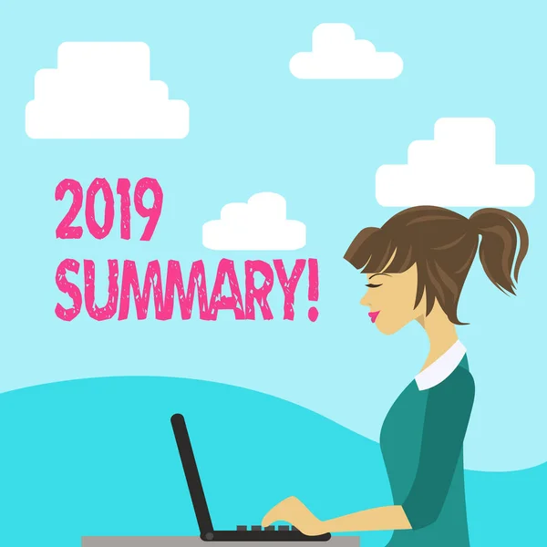 Handwriting text 2019 Summary. Concept meaning summarizing past year events main actions or good shows photo of Young Busy Woman Sitting Side View and Working on her Laptop.