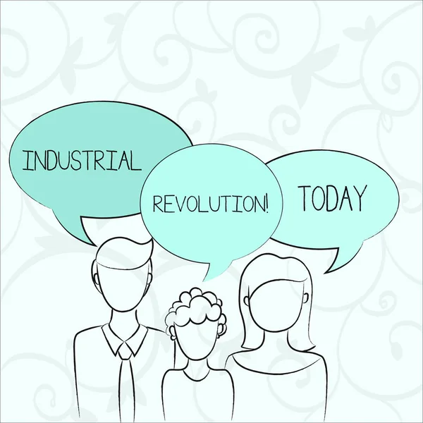 Text sign showing Industrial Revolution. Conceptual photo time during which work done more by machines Family of One Child Between Father and Mother and Their Own Speech Bubble. — Stock Photo, Image