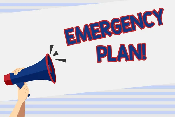 Writing note showing Emergency Plan. Business photo showcasing actions developed to mitigate damage of potential events Human Hand Holding Megaphone with Sound Icon and Text Space. — Stock Photo, Image