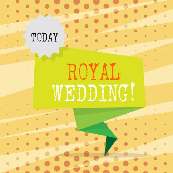 Conceptual hand writing showing Royal Wedding. Business photo showcasing marriage ceremony involving members of kingdom family Two Tone Green Folded Back Banner Strip with Stamp Sticker. — Stock Photo, Image