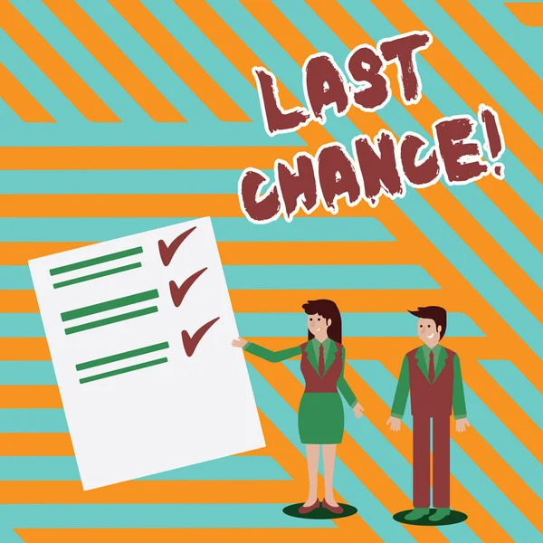 Writing note showing Last Chance. Business photo showcasing final opportunity to achieve or acquire something you want Man and Woman Presenting Report of Check and Lines on Paper. — Stock Photo, Image