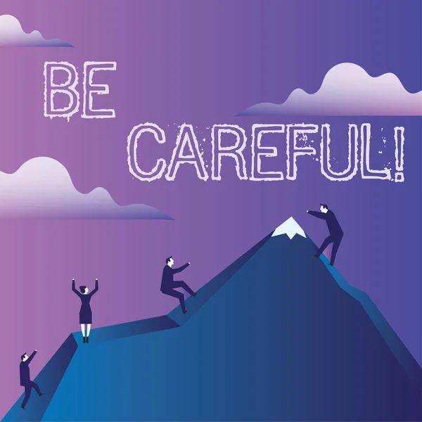 Word írás szövege legyen óvatos. Üzleti koncepció ügyelve arra, hogy elkerüljék a potenciális veszélyt baleset vagy kár Business People hegymászás Color Mountain a maguk Holding láthatatlan kötél. — Stock Fotó