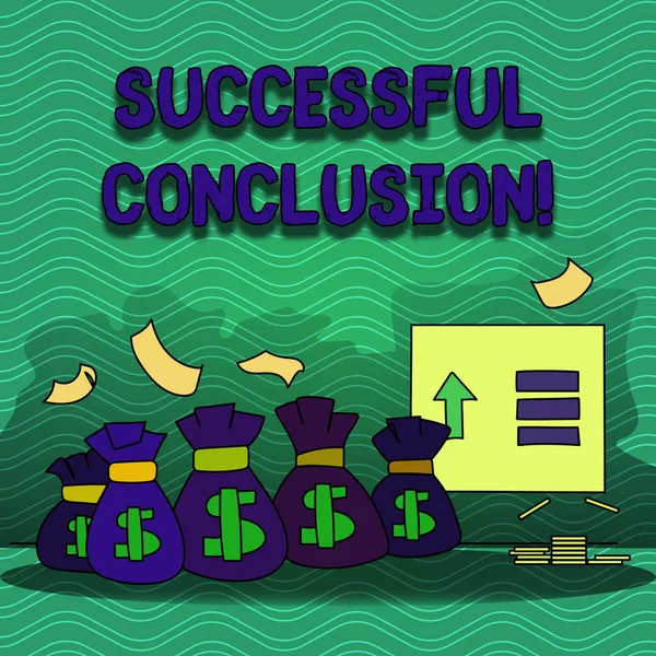 Testo di scrittura di parole Conclusione positiva. Business concept per fine riflessivo di un pezzo di scrittura Giudizio motivato Colorato Money Bag con Dollaro Segno di valuta e freccia con banconota in bianco . — Foto Stock