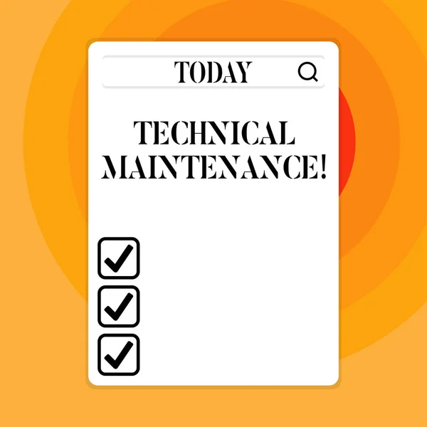 Text sign showing Technical Maintenance. Conceptual photo Functional checks or replacing of necessary devices Search Bar with Magnifying Glass Icon photo on Blank Vertical White Screen.