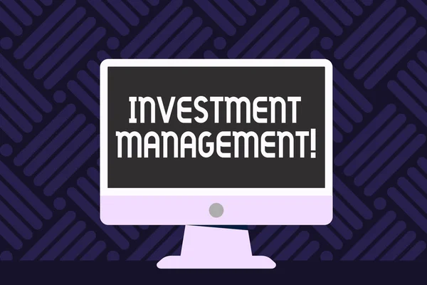 Writing note showing Investment Management. Business photo showcasing analysisagement of investments for a financial institution Desktop Computer Colorful Monitor Screen Freestanding Table.