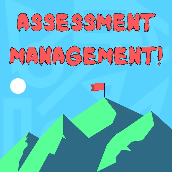 Handwriting text writing Assessment Management. Concept meaning analysisagement of investments on behalf of others Mountains with Shadow Indicating Time of Day and Flag Banner on One Peak. — Stock Photo, Image