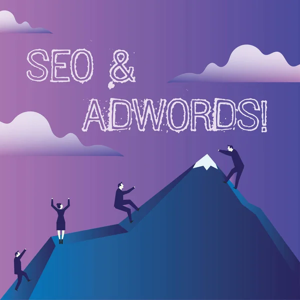 Word yazma metin SEO ve AdWords. Onlar için iş kavramı arama motoru pazarlama Iş ınsanları tırmanma renk dağ kendilerini Holding görünmez Rope ana araçları bileşenleridir. — Stok fotoğraf