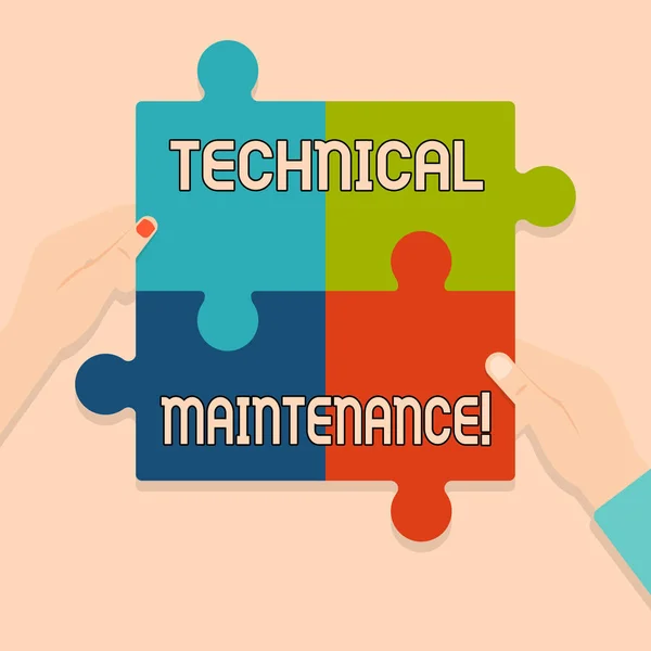 Writing note showing Technical Maintenance. Business photo showcasing Functional checks or replacing of necessary devices Multi Color Jigsaw Puzzle Pieces Put Together by Human Hands.