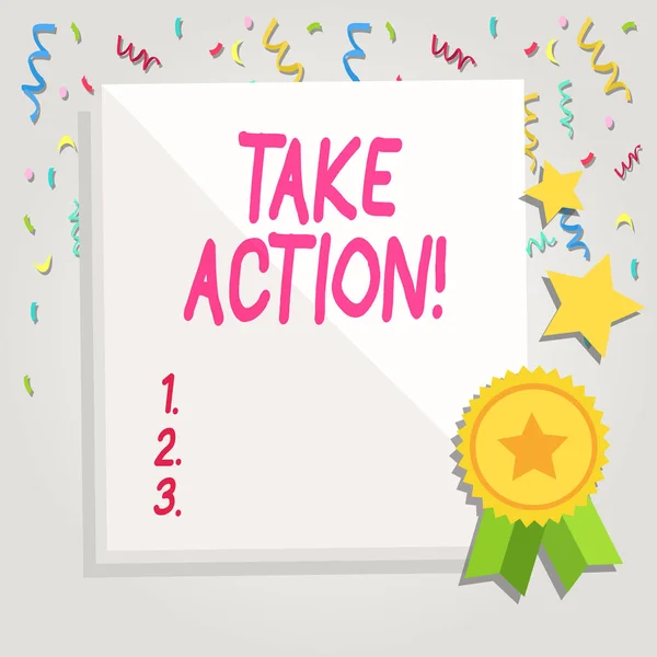 Text sign showing Take Action. Conceptual photo do something official or concerted to achieve aim with problem White Blank Sheet of Parchment Paper Stationery with Ribbon Seal Stamp Label.
