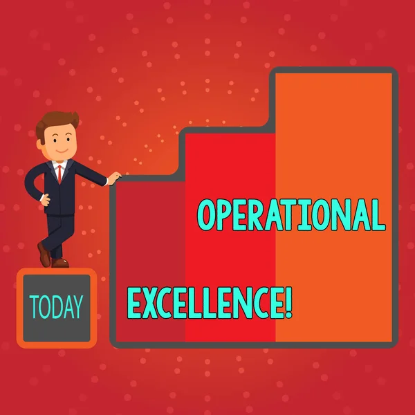 Writing note showing Operational Excellence. Business photo showcasing execution of the business strategy more consistently Businessman Presenting Growth and Success in Graph Columns. — Stock Photo, Image